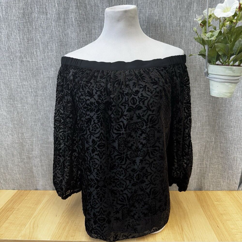 Jessica Simpson Floral Black Velvet Burnout Off-the-Shoulder Top Sz Medium Boho